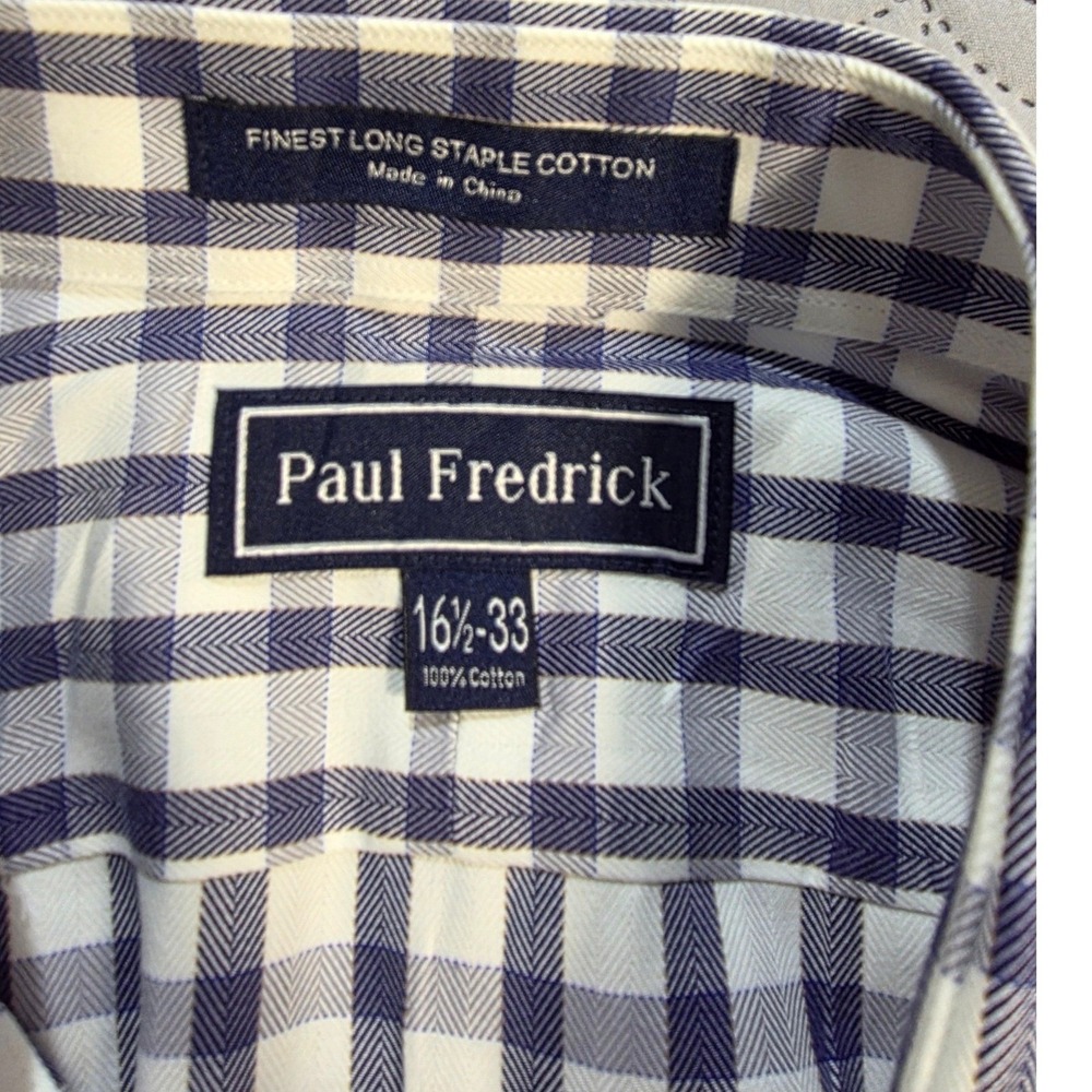 Paul Fredrick Men Blue/White Gingham Check Herringbone Cotton DressShirt 16.5-33 - Picture 4 of 8